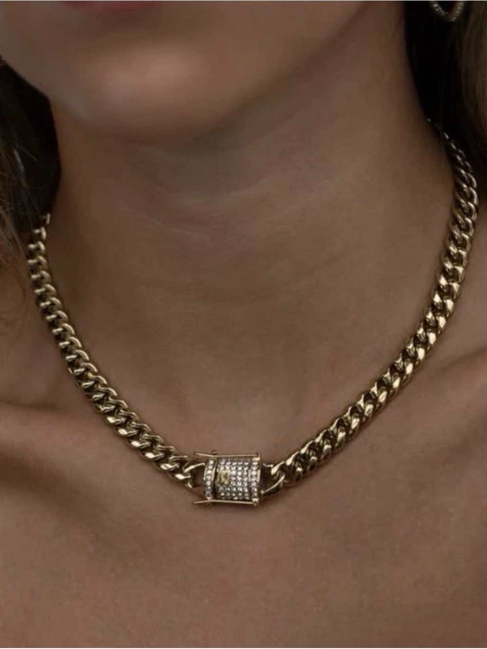 Gold Pavé Padlock Cuban Link Necklace - Women Jewelry